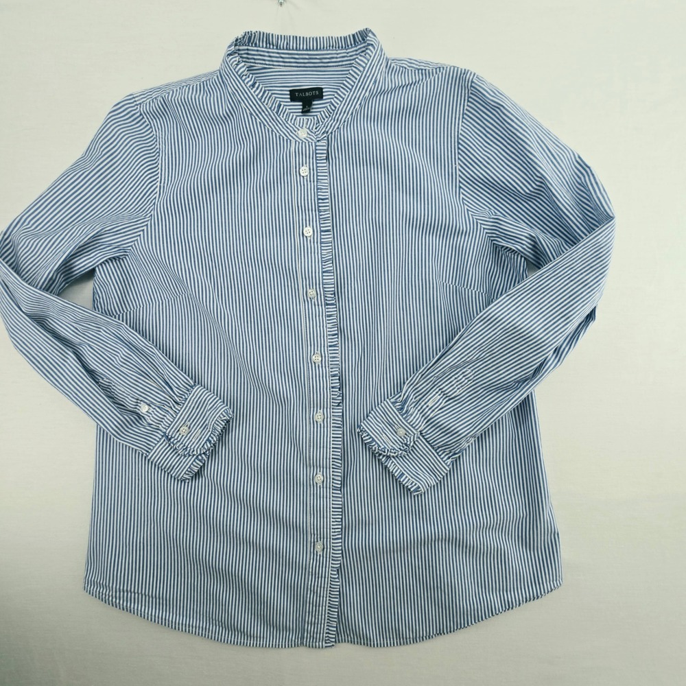 Talbots L Striped Blue White Vertical Stripe Button Front Ruffle Hi Neck Preppy